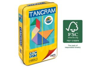 tangram madera fsc de colores en caja de metal